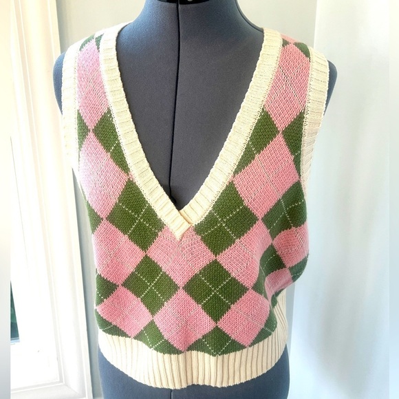 Double Zero Juniors Sz L Lovely Large Argyle Sweater Vest Preppy Clueless NWT - Picture 1 of 15